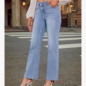 Women's Blue High Waisted Crossover Jeans - Wide Leg, Stretchable
